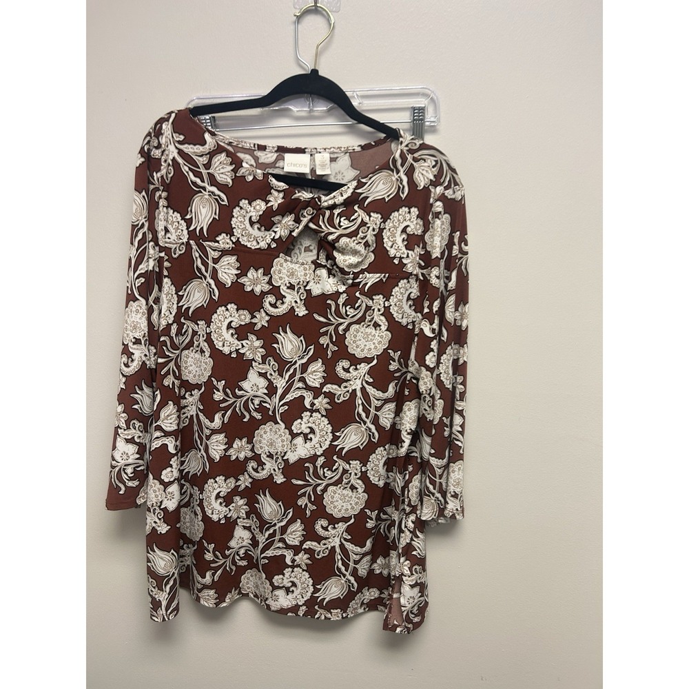 Chico's Blouse Top Women's Size 3 XL Brown Paisley Floral Keyhole 3/4 Sleeve